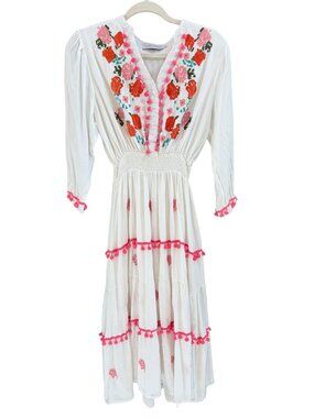 Chicwish White Embroidered Pom Pom Smocked Boho Maxi Dress M